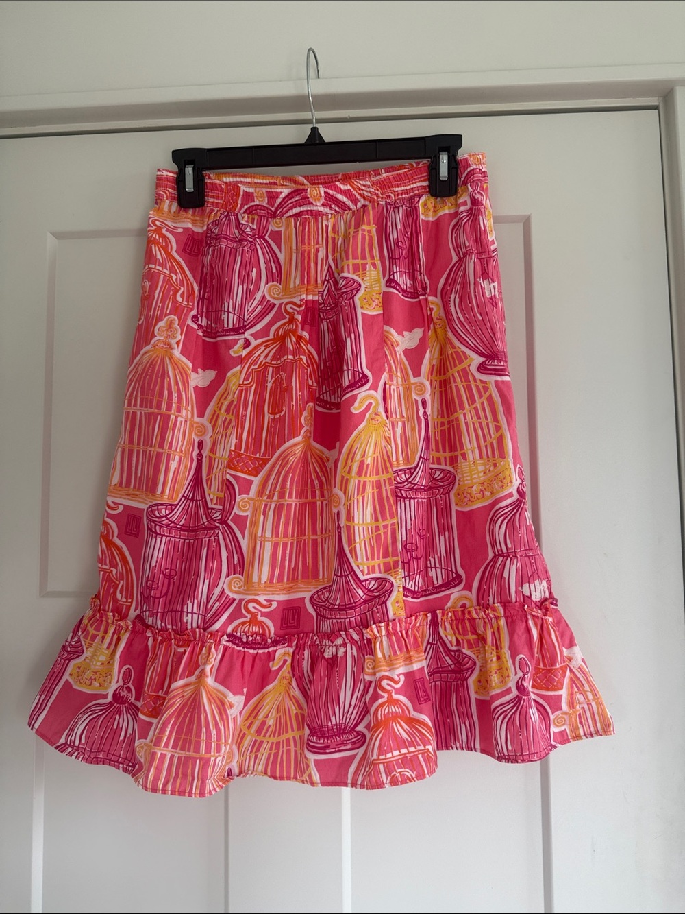 Lilly Pulitzer Girls 14 Pink Orange Birdcage "Out To Lunch" Ruffle Skirt